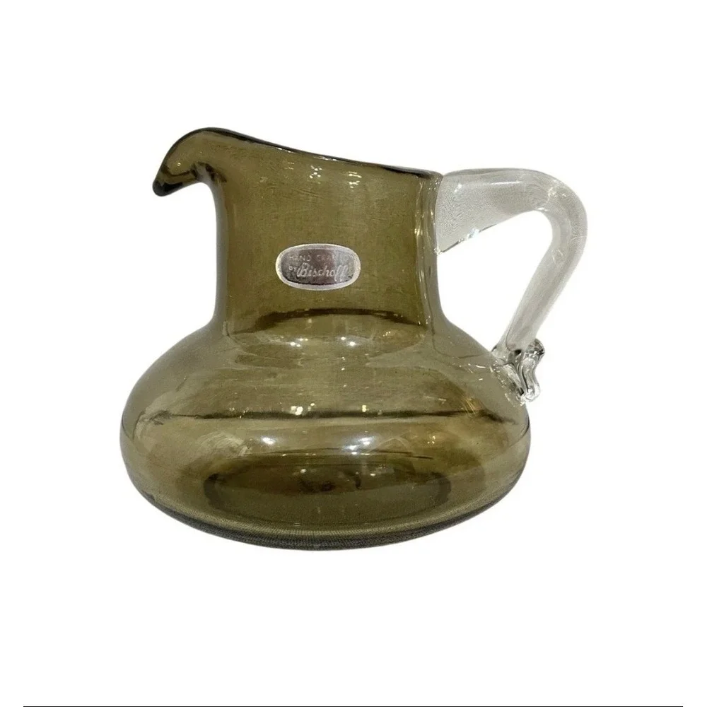 Bischoff Hand Crafted Glass Pitcher Olive Green‎ Smoke / Avocado MCM 6in